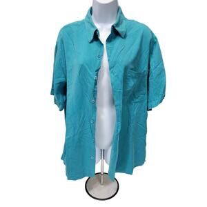 Caribbean Joe Men Large Hawaiian Cotton Silk Shirt Short sleeve blue teal button
